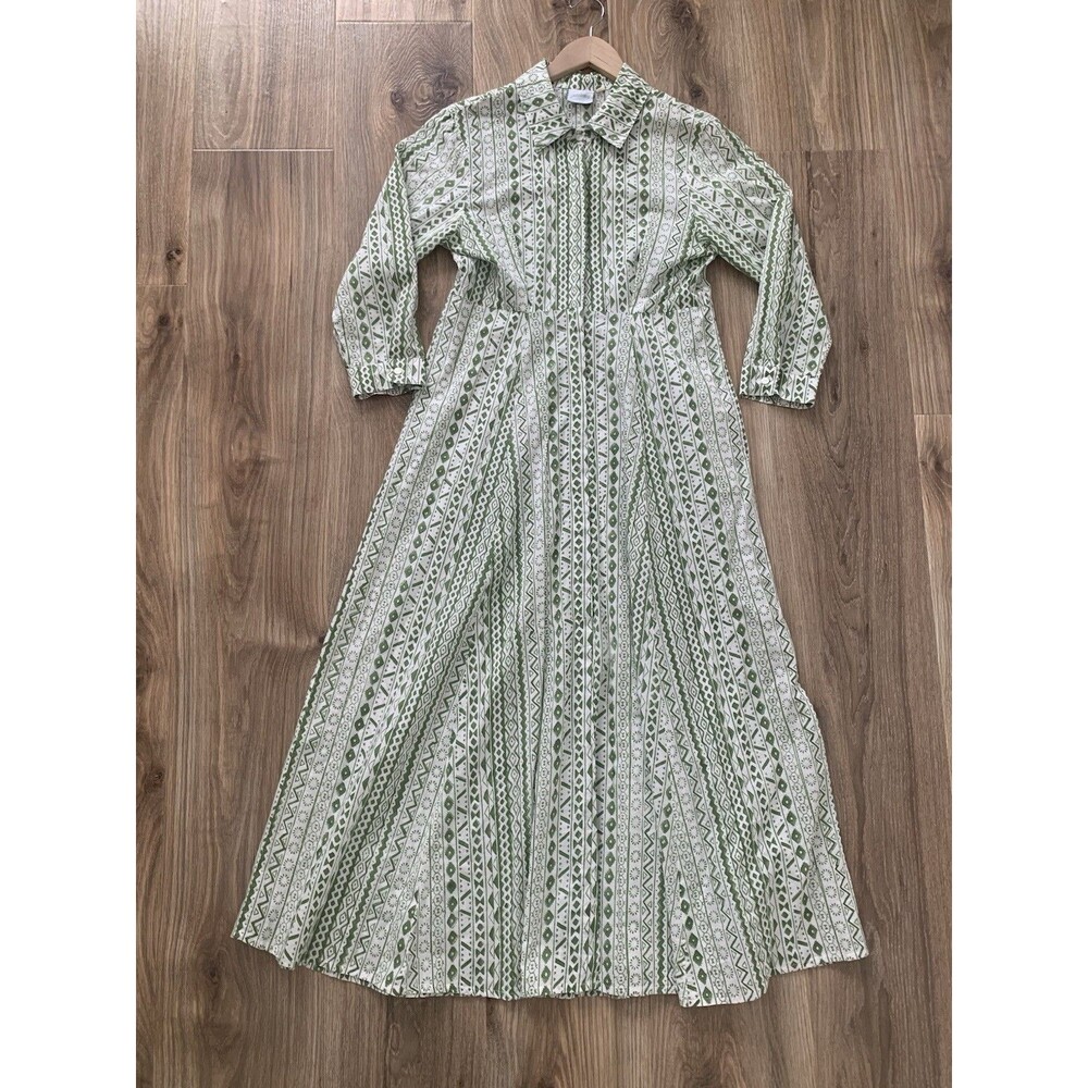 Julia Amory JA Maxi Shirt Dress Womens M Green White Geometric Cotton Button